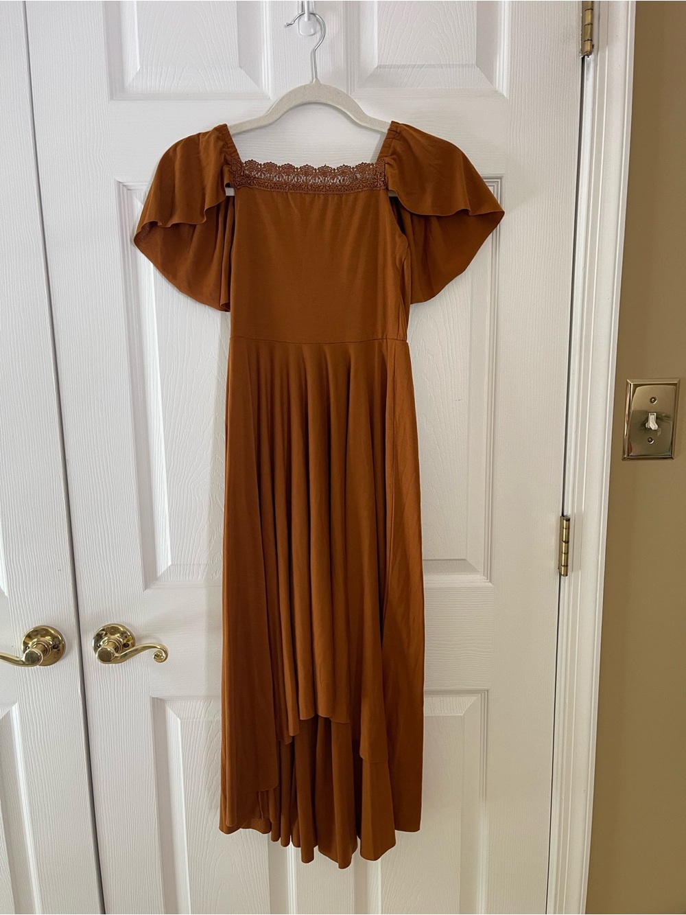 Joyfolie Marigold Orange High-Low Flutter Sleeve Maxi Dress